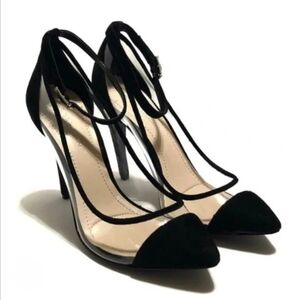 BCBGeneration black and clear transparent pointed-toe heels.
